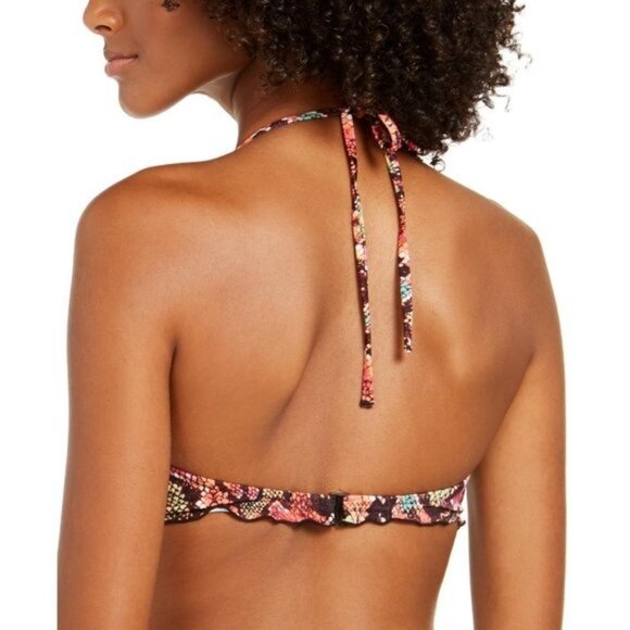 Multicolor Snake Print Padded Halter Bikini Top With Ruffled Trim & Back Tie Clo - Picture 2 of 7